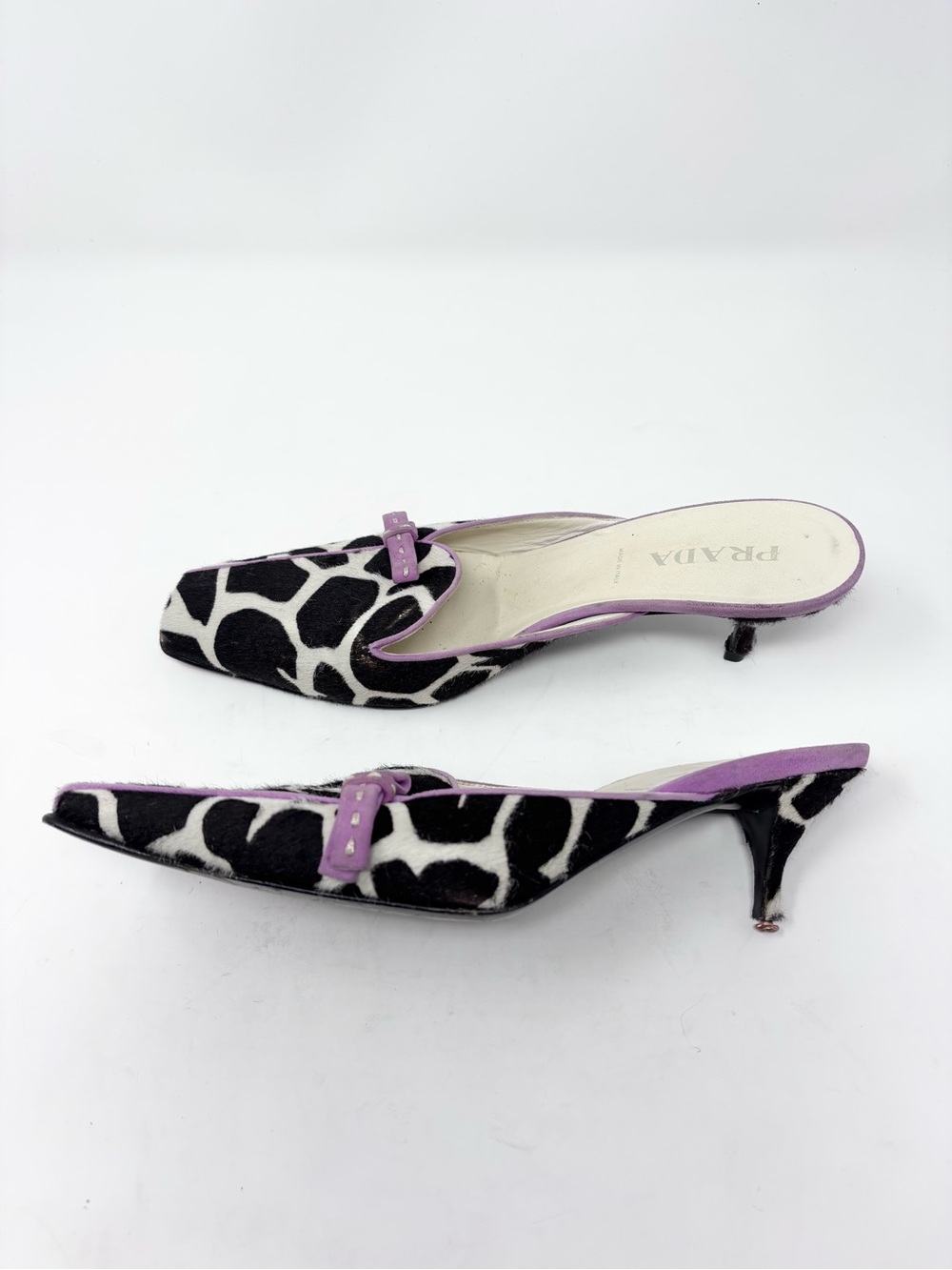 Vintage Prada Giraffe Print Calf Hair Kitten Heel Mule Square Toe Bow Archive 38 - Picture 5 of 11